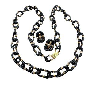 Vintage Archimede Seguso 4 Chanel Black Glass Long 40 Inch Necklace Earrings Set